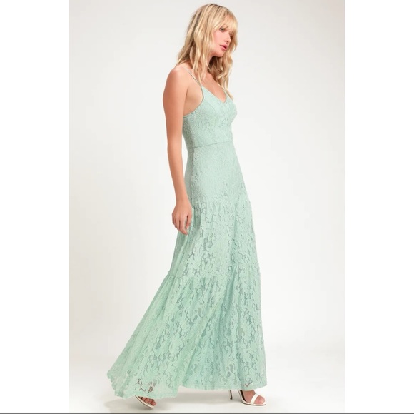 NWOT Lulus Finely Light Sage Green Lace Tiered Maxi Dress Small - Picture 3 of 14